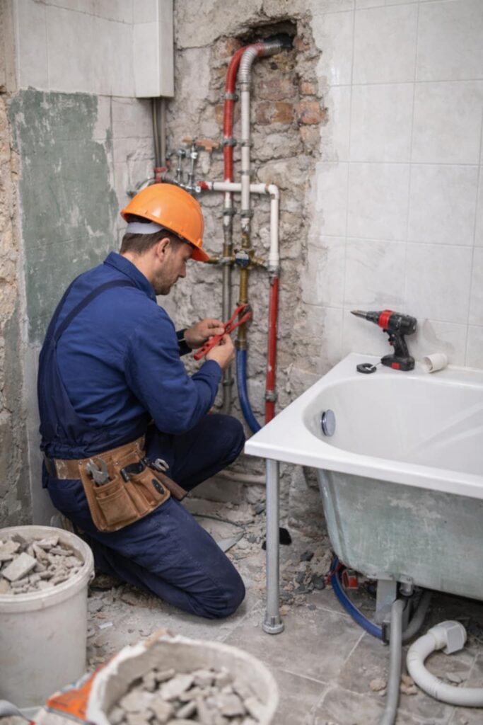 Odborná instalace vodovodních rozvodů při rekonstrukci koupelny.